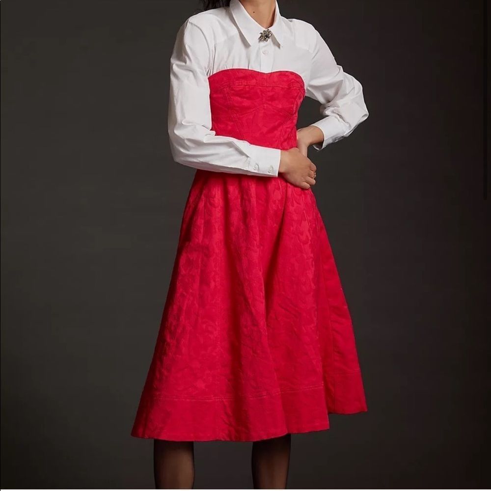 NWT Anthropologie Floral Contrast Sweetheart Midi Dress Raspberry Size 8 - Picture 10 of 11